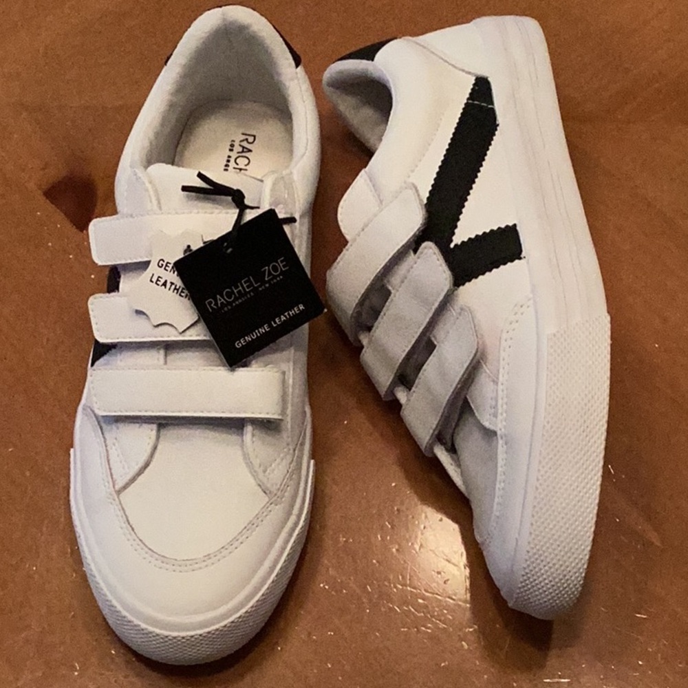 Rachel Zoe Size 8 White With Black Leather Velcro Tennis Shoes **NEW**